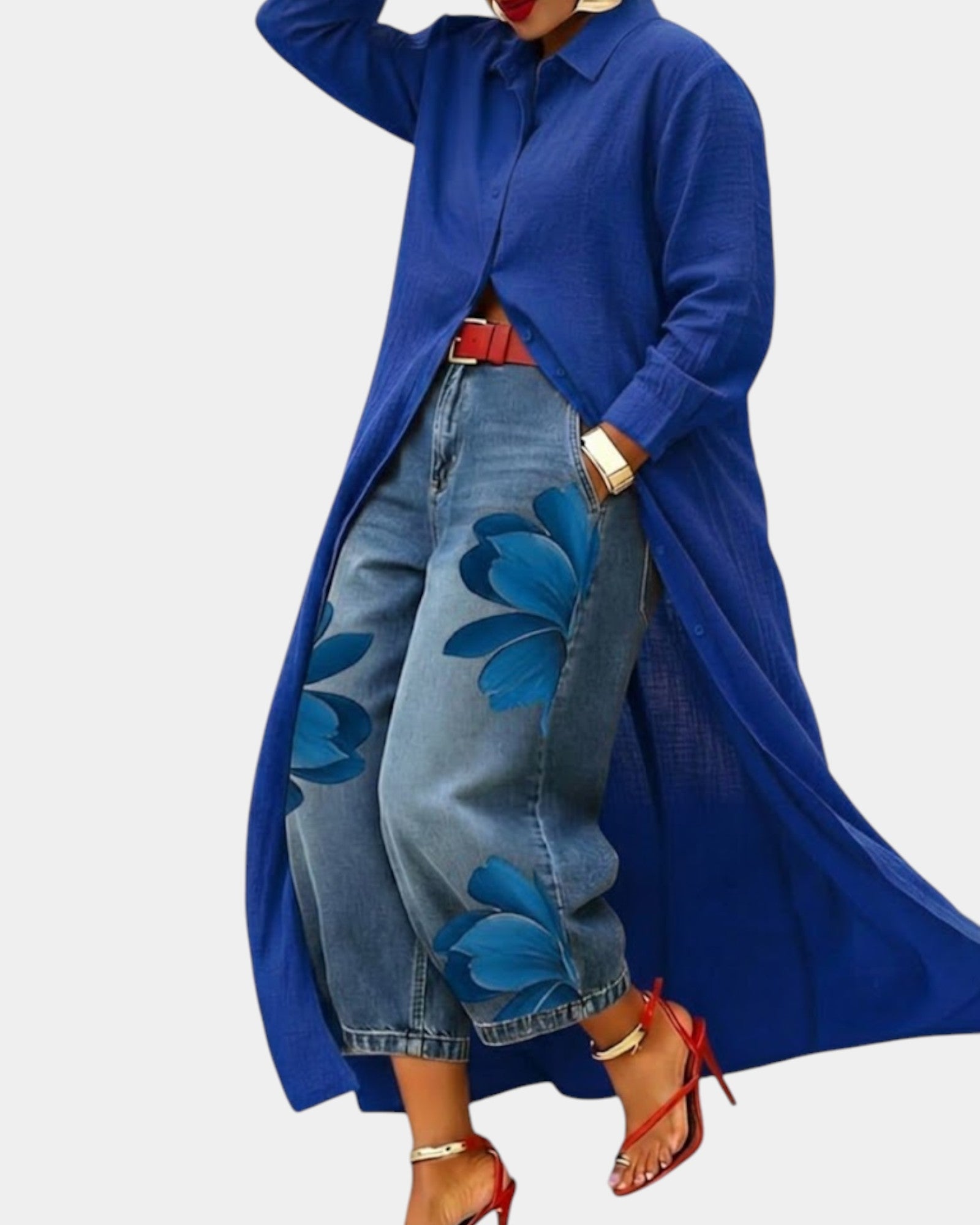 Ensemble jean large avec robe et pantalon Danoir Paris, coloris rouge, taille S-38-40, style décontracté et tendance.