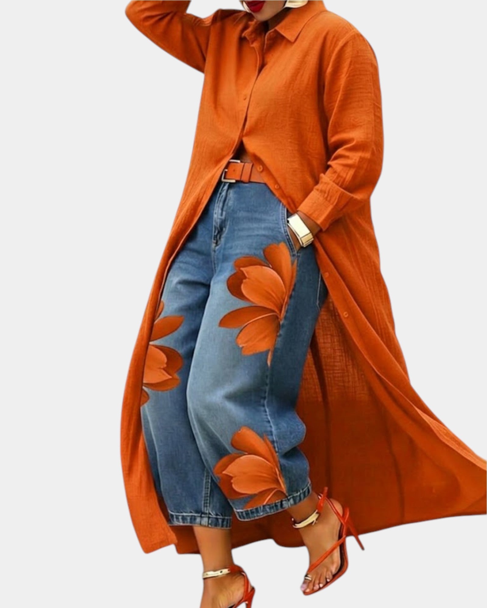 Ensemble robe et pantalon en jean large de la marque Danoir Paris, couleur rouge, pour femmes, vue de l'ensemble.