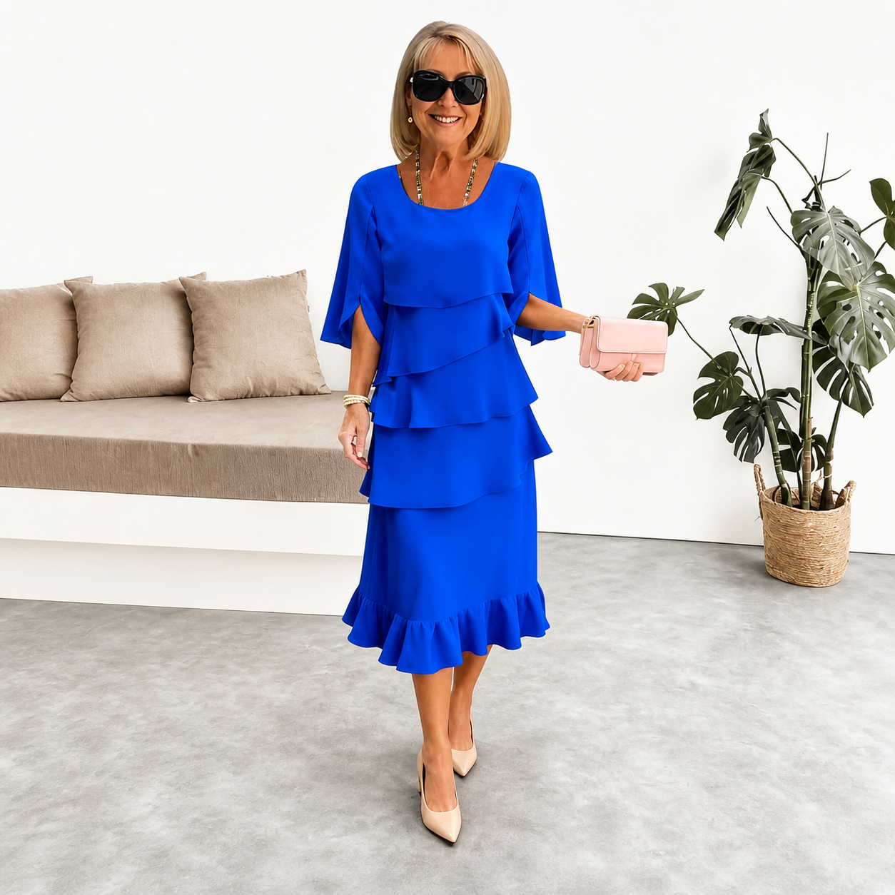 Robe midi à couches en bleu royal Brent de Danoir Paris, vue de face, manches courtes et coupe fluide élégante.