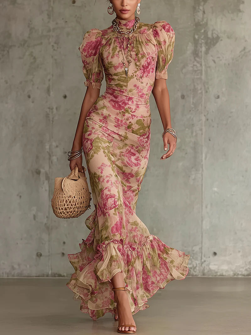 Robe longue maxi rose Danoir Paris, coupe fluide et élégante, portée par un mannequin.