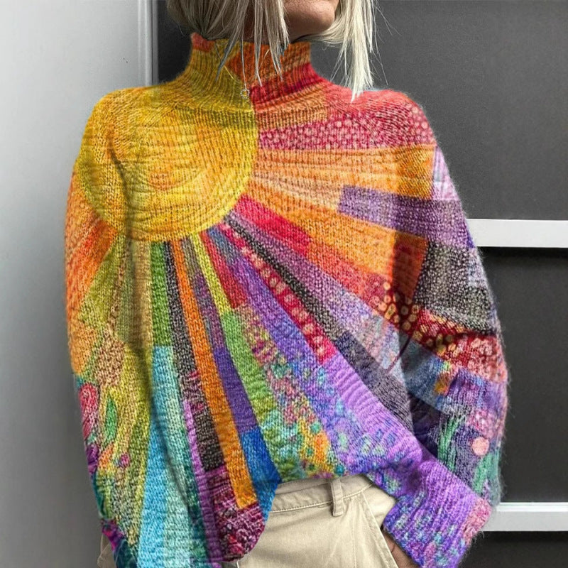 Pull col roulé coloré et joyeux Ada de Danoir Paris, détail du tissu et des couleurs vives, porté sur un mannequin.