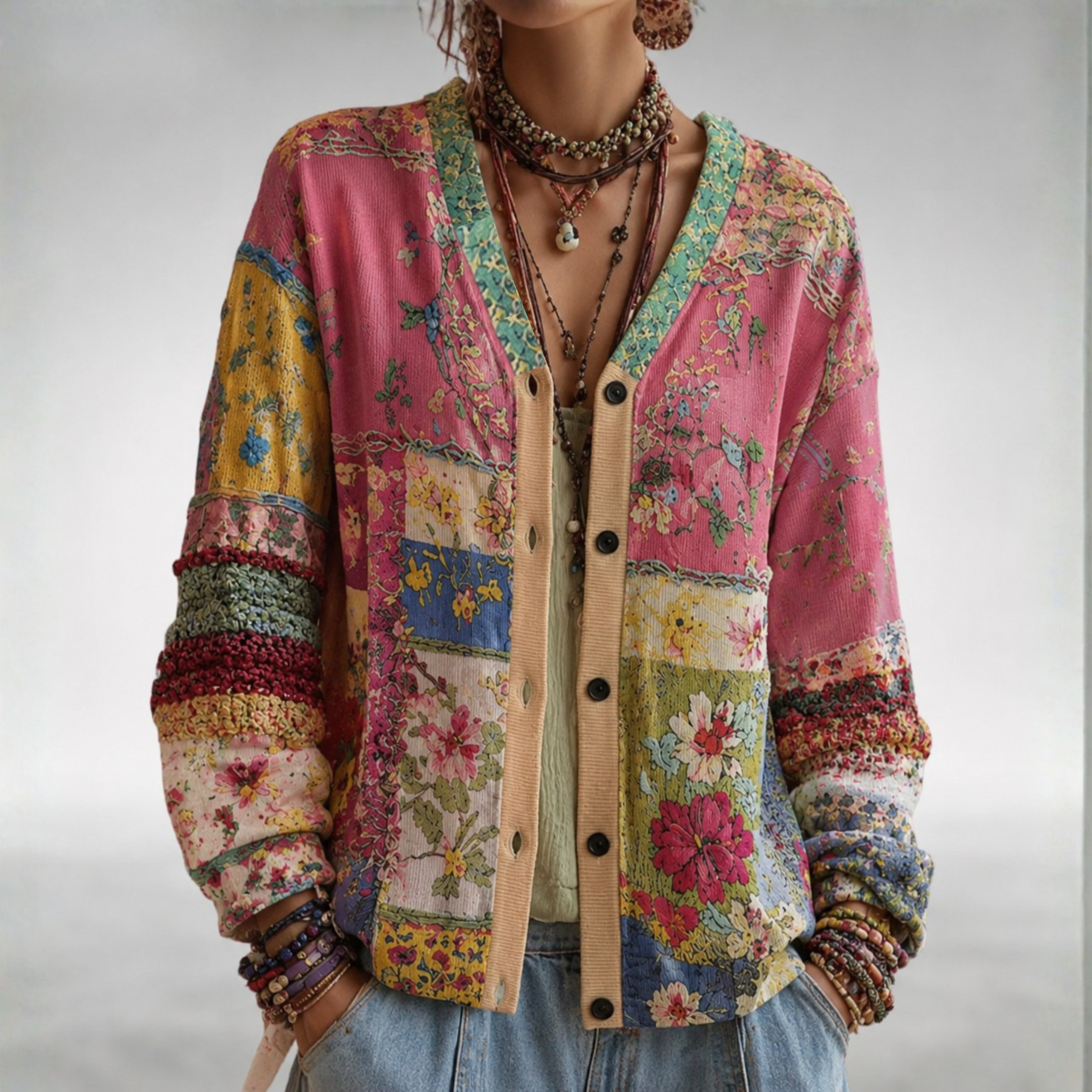Veste bohème Danoir Paris Ailinn, couche chaleureuse et confortable avec style boho, vue de face avec détails de tissu.