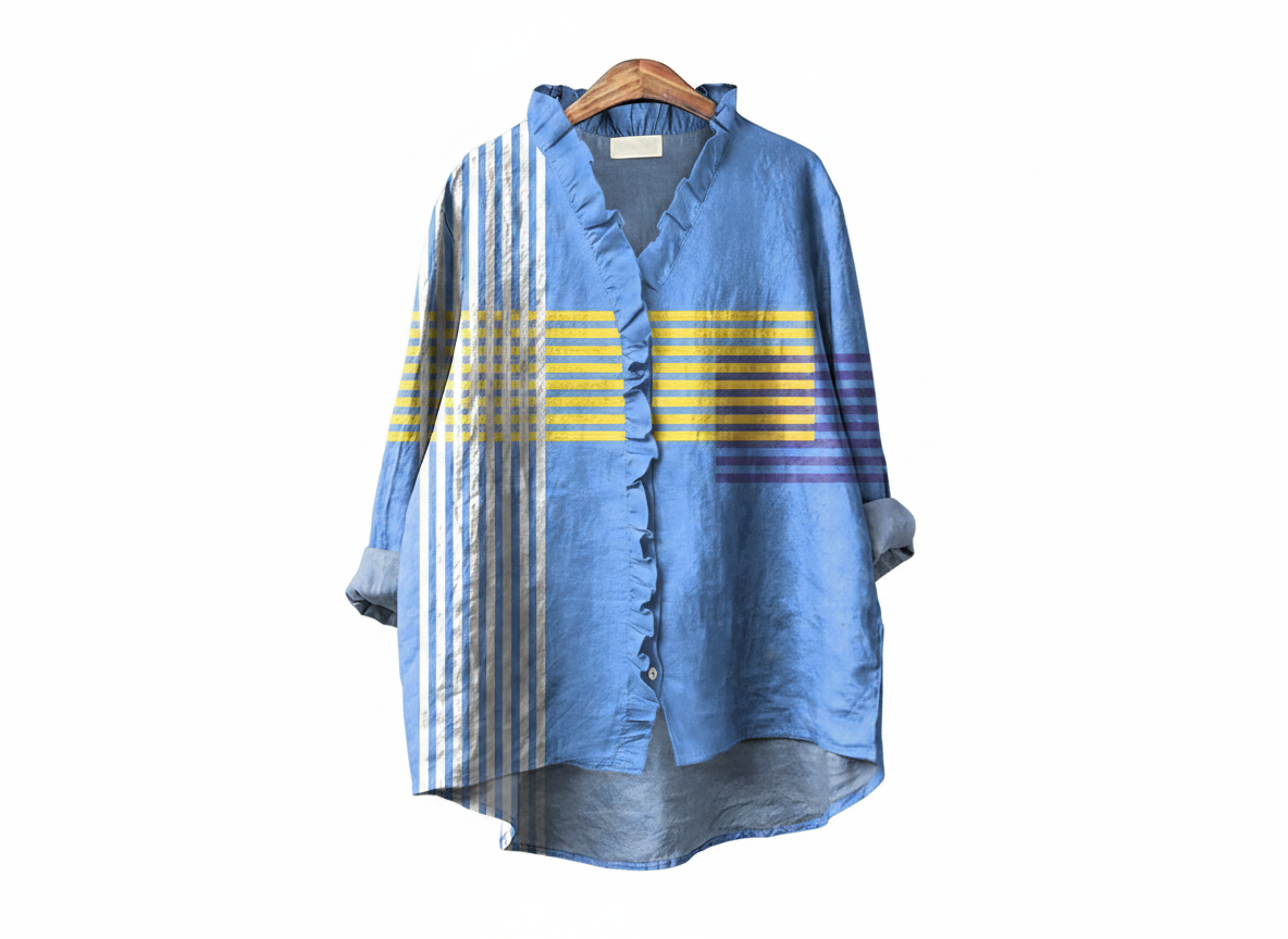 Blouse Danoir Paris Chiara en tissu léger, couleur pastel, avec manches longues et décolleté élégant, portée par un mannequin.