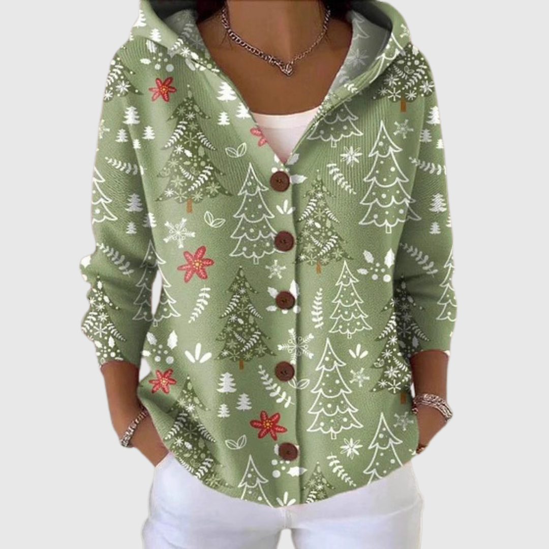 Cardigan confort à capuche en maille Danoir Paris, doux et chaud, porté avec manches longues et fermeture à boutons.