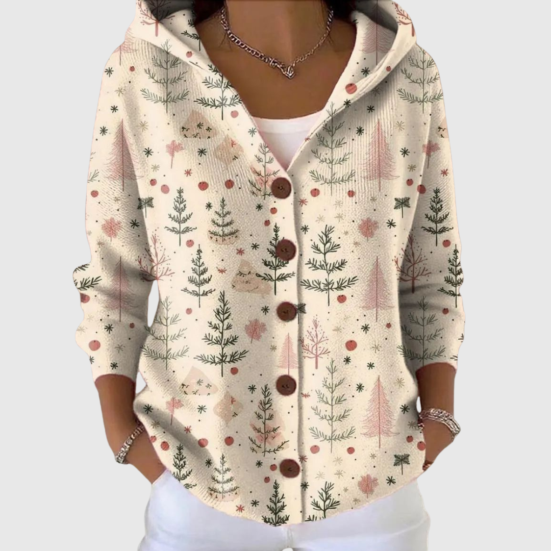 Cardigan Danoir Paris en maille confortable avec capuche, porté en mode décontracté, couleur gris clair.