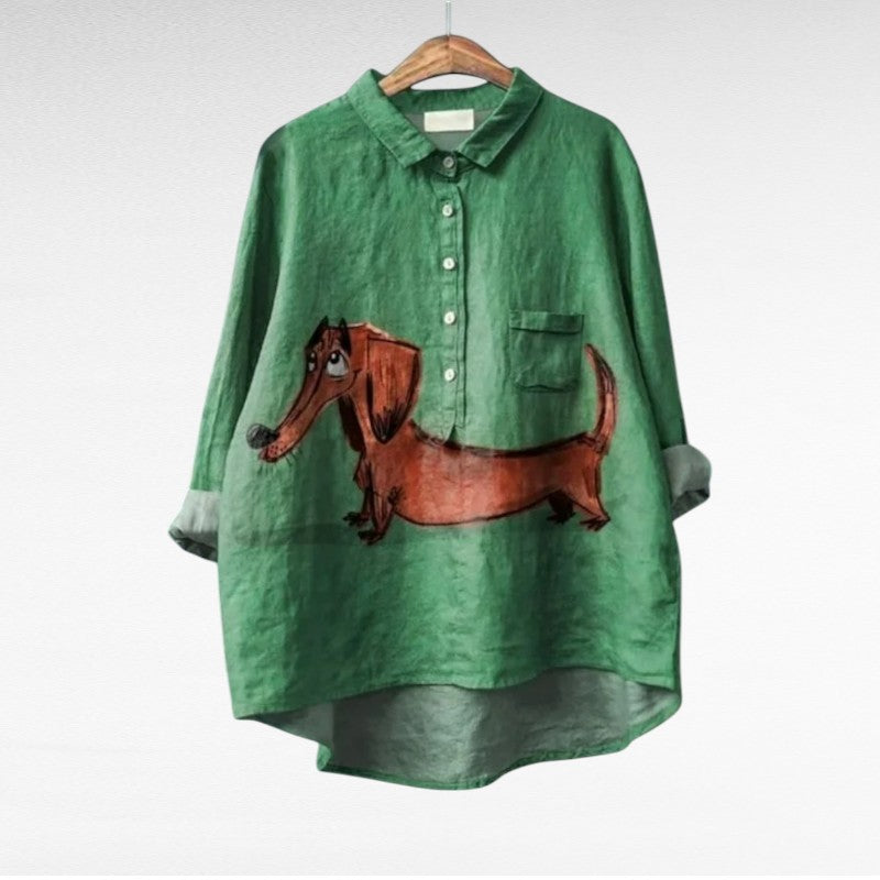 Blouse pour chien Cloé de Danoir Paris, tissu léger avec motif ludique, adaptée pour animaux de compagnie élégants.