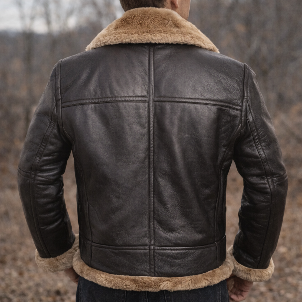 Veste aviateur en cuir d’agneau premium Danoir Paris avec doublure teddy, style élégant et chaud pour l’hiver.
