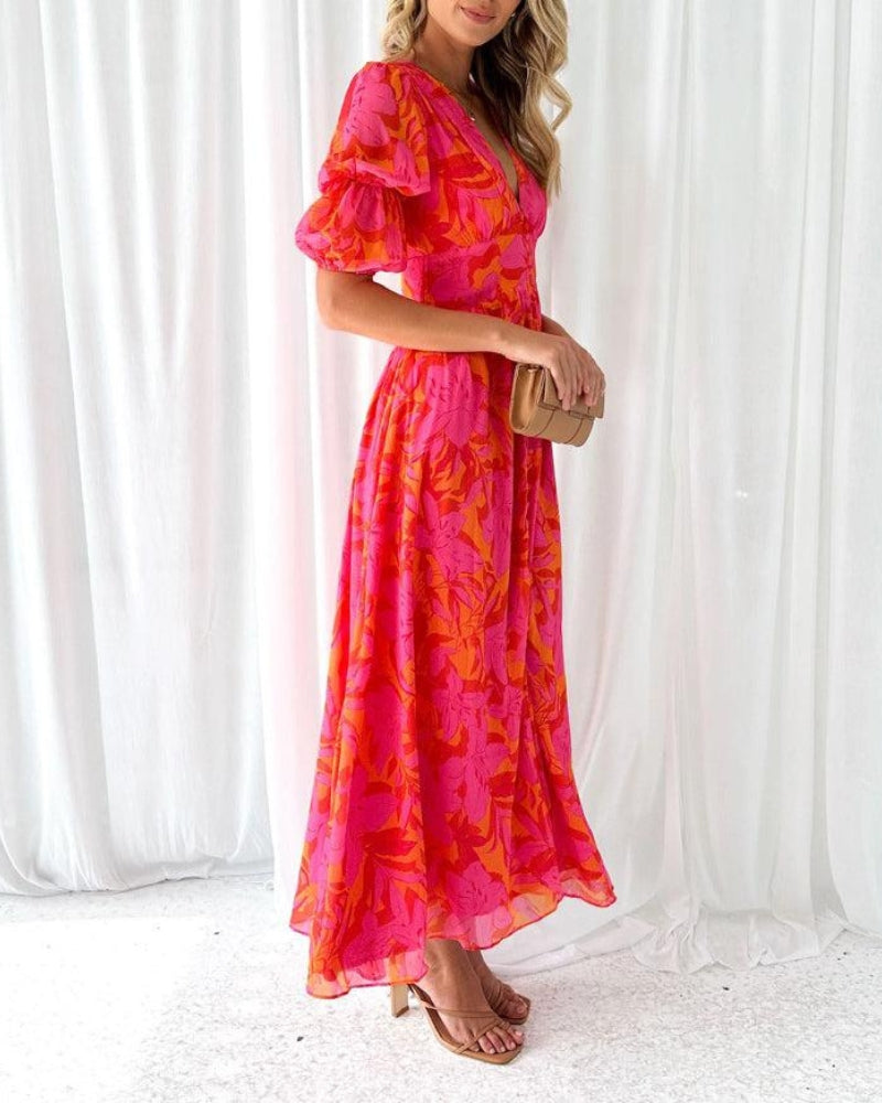 Robe maxi rouge rose Derana de Danoir Paris, longueur fluide, tissu léger, style élégant pour femme.