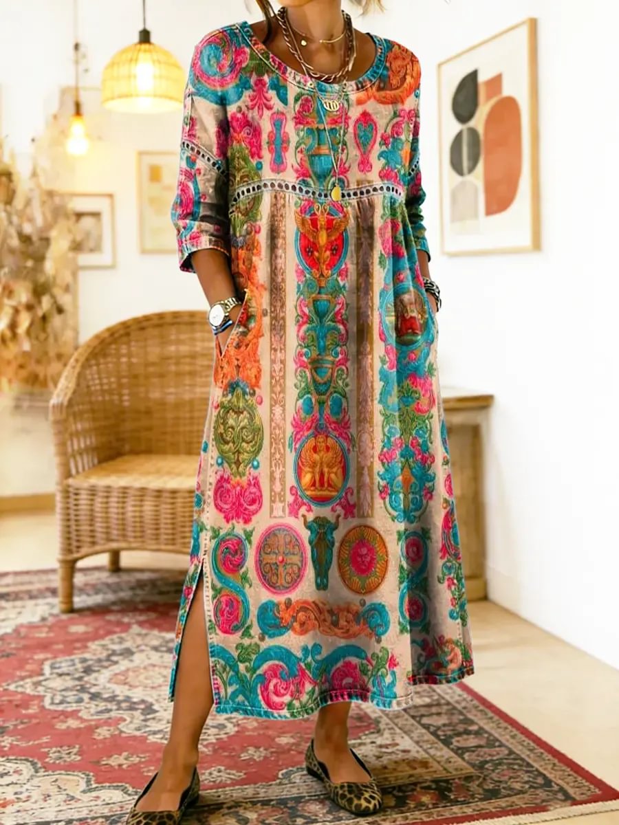Robe imprimée Dolores de Danoir Paris avec motif géométrique, élégante et colorée, portée sur mannequin.