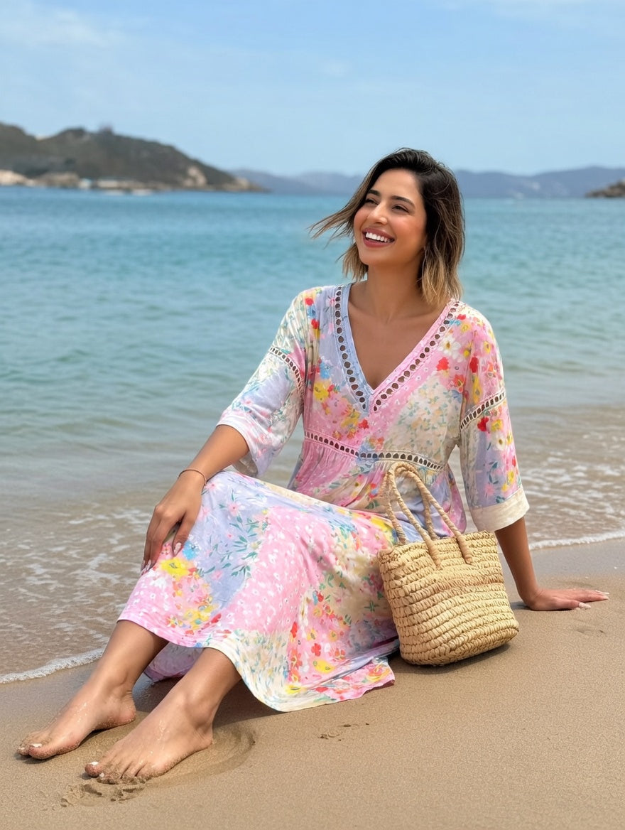Robe florale fluide Lysiane™ de Danoir Paris, vêtement d'été avec motif floral et coupe élégante.