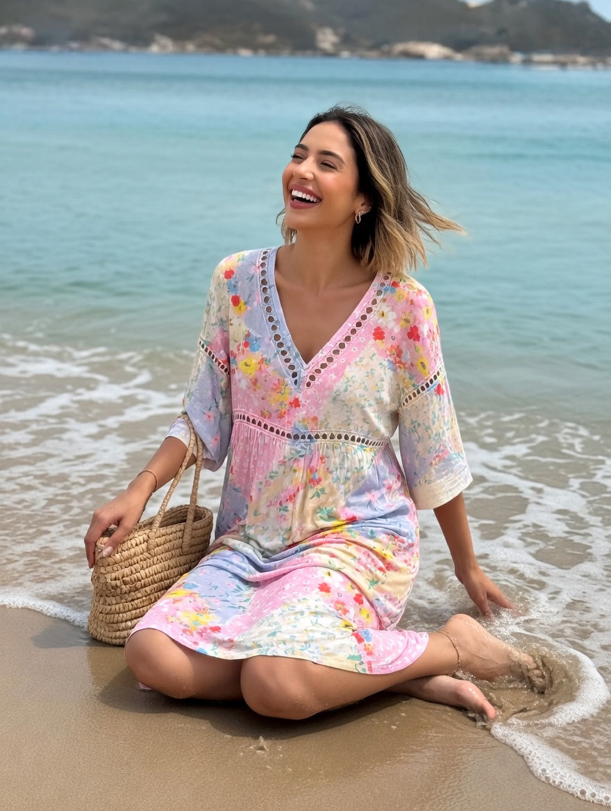 Robe fluide florale Lysiane™ de Danoir Paris, vêtement d'été léger avec motif floral coloré.