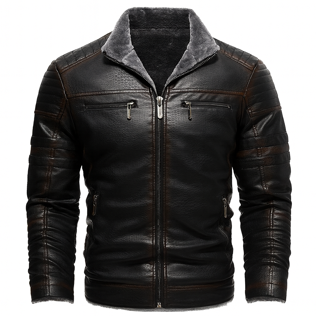 Veste d’hiver pour homme Danoir Paris en similicuir marron, doublée chaudement, style moderne et confortable.