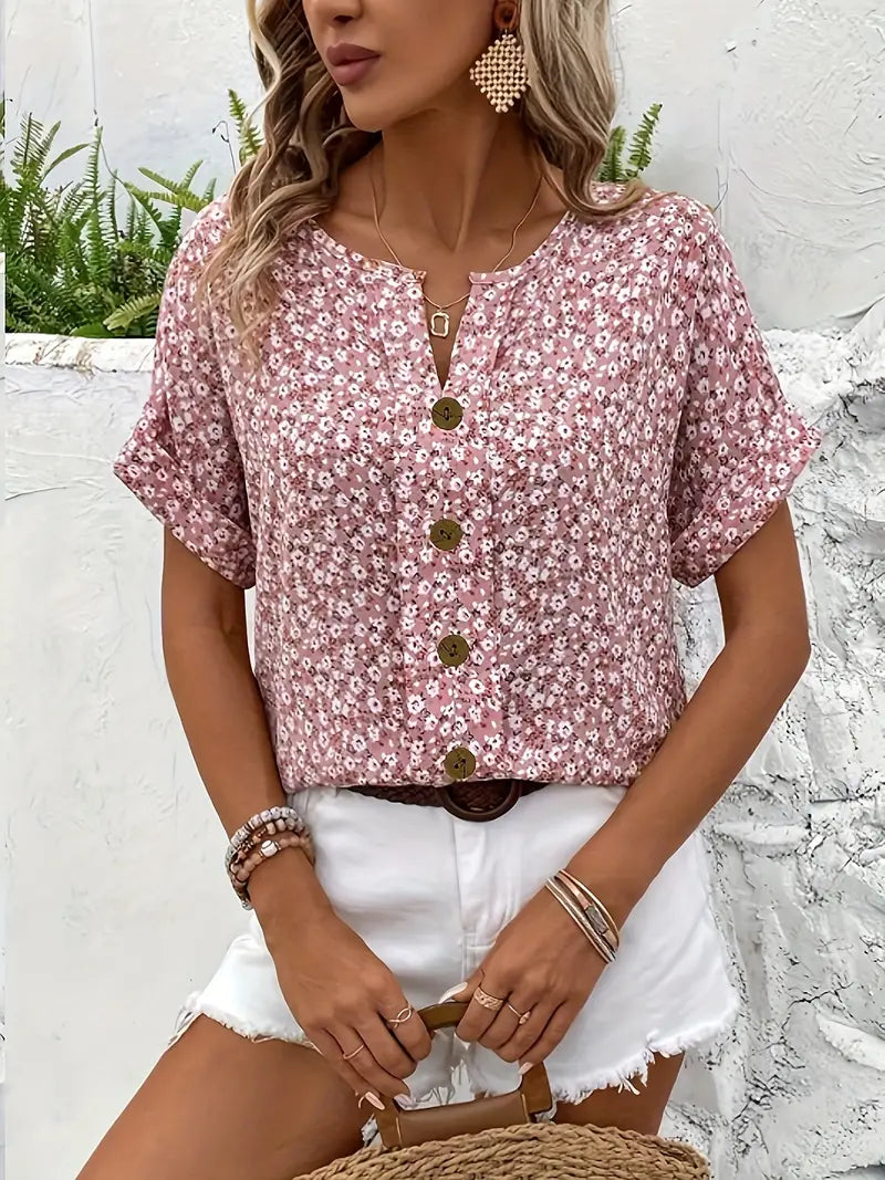 Blouse légère printanière Danoir Paris Mery avec motif floral, tissu fluide, manches longues et col en V.