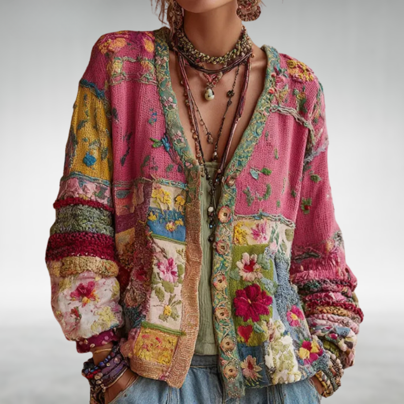 Gilet en maille bohème Milla de Danoir Paris, cardigan léger avec motifs tissés, porté sur un mannequin.