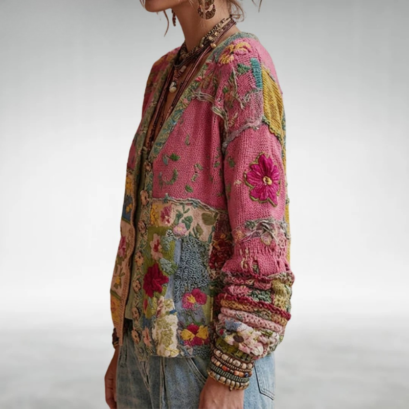 Gilet en maille bohème Milla de Danoir Paris, image montrant le détail du tissu et la coupe décontractée du cardigan.