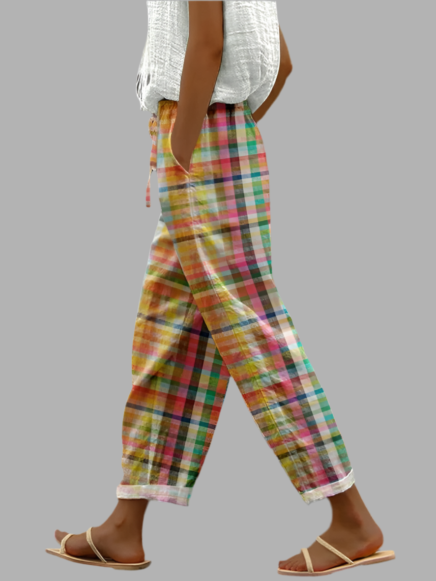 Pantalon rétro à carreaux Noëlle de Danoir Paris, coupe élégante et motif vintage visible sur l'image.