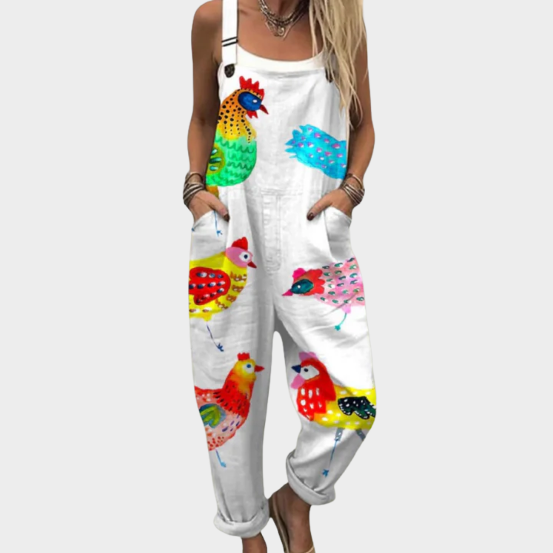 Salopette imprimée confortable Danoir Paris, pantalon ample avec motif coloré, vue de face sur un fond neutre.