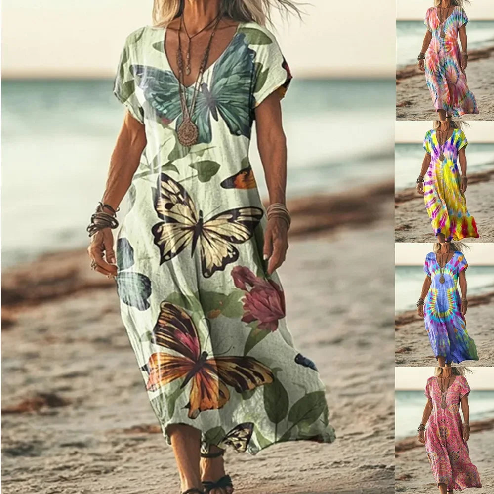Robe longue Danoir Paris Isola à imprimés naturels, coupe aérienne et style tie-dye jaune, en tissu léger et fluide.