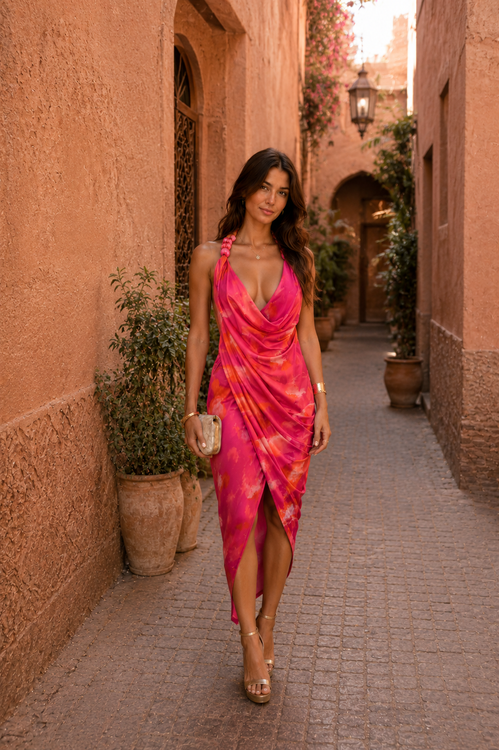 Robe brillante Danoir Paris en tissu scintillant, longueur mi-mollet, style élégant pour soirée ou occasion spéciale.