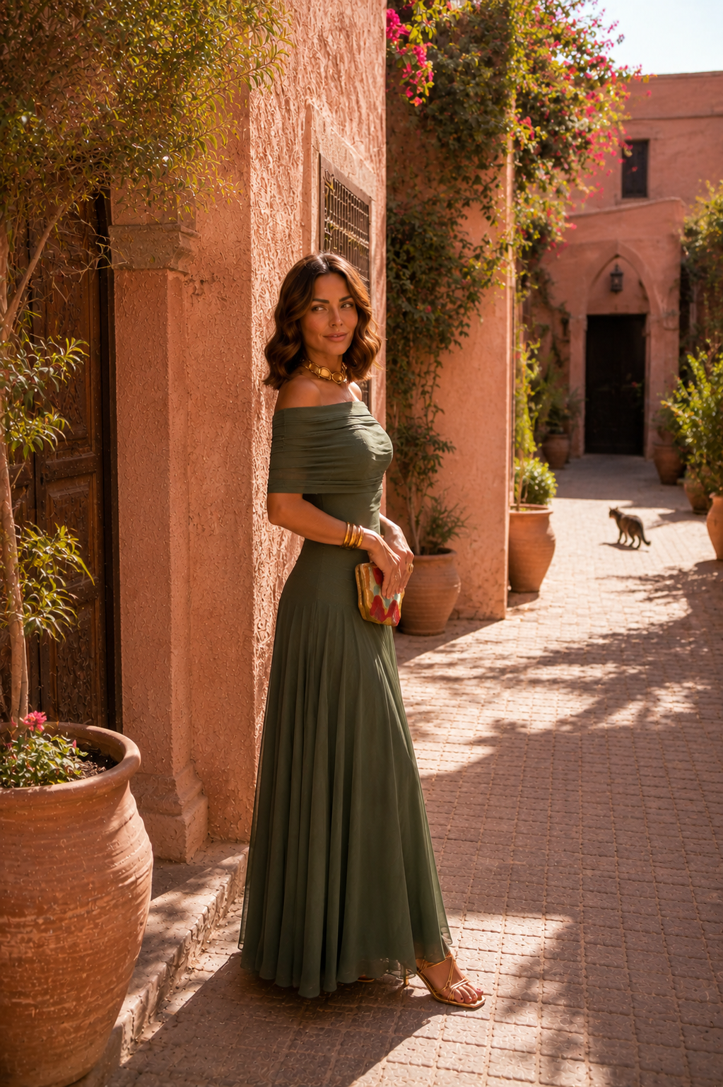 Robe verte Toledo de Danoir Paris, en tissu fluide, avec détails élégants, portée pour une occasion chic.