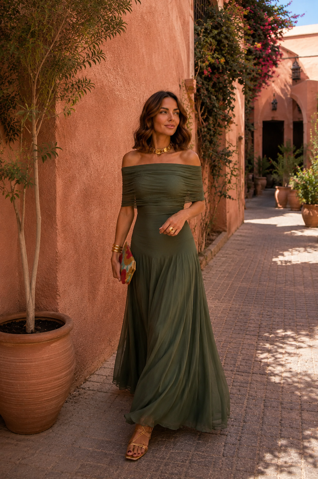 Robe verte Toledo de Danoir Paris, en tissu léger, avec détails élégants, portée sur un fond neutre pour la mode féminine.