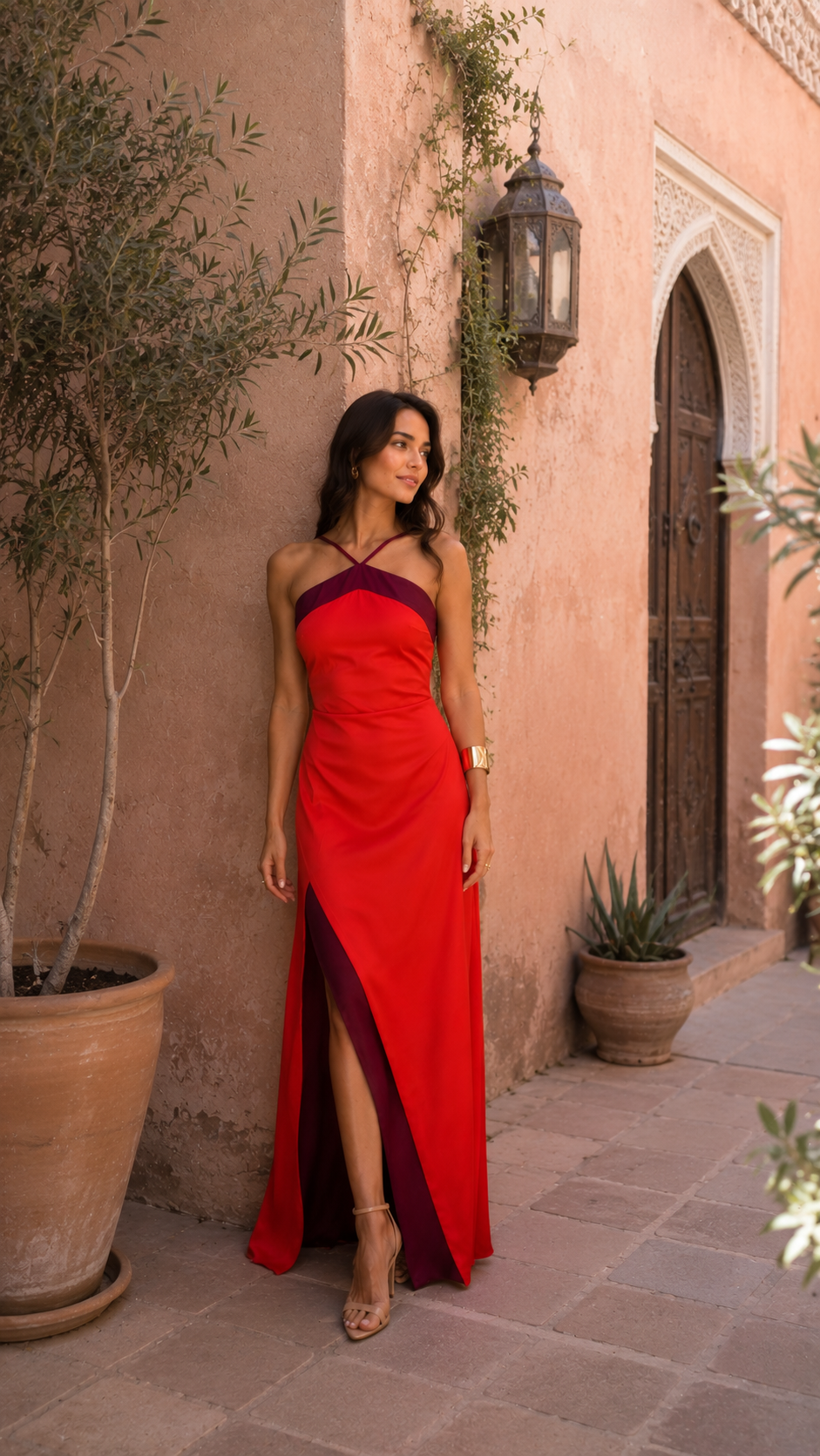 Robe Oasis rouge de Danoir Paris, vue de face, en tissu fluide avec décolleté et manches courtes.