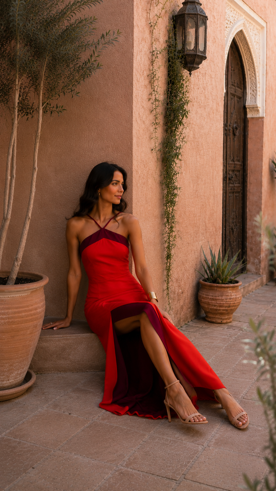 Robe rouge Oasis Danoir Paris en tissu léger avec décolleté et manches longues, portée élégante pour femme.