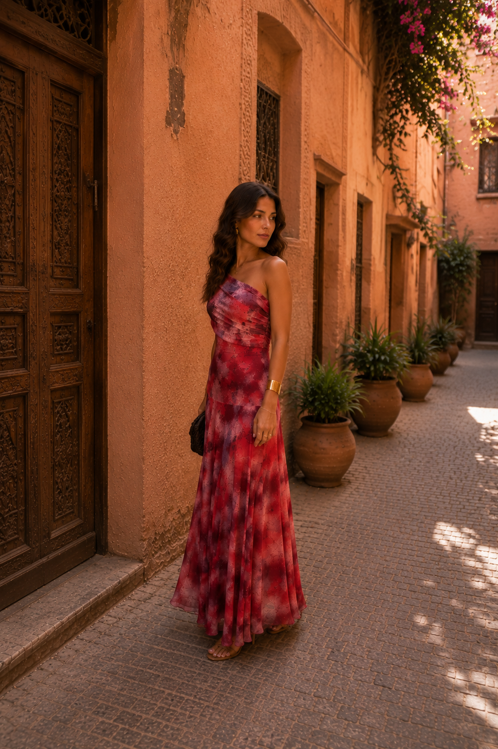 Robe Toledo rouge en édition limitée de Danoir Paris, vêtement élégant avec détails raffinés, portée sur un mannequin.