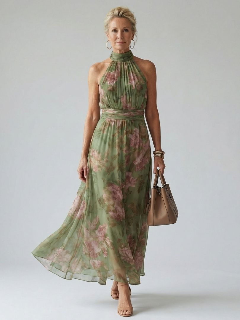 Robe midi verte sage Danoir Paris Mirelle à bustier noué, jupe plissée et décolleté halter, vue de face sur fond blanc.
