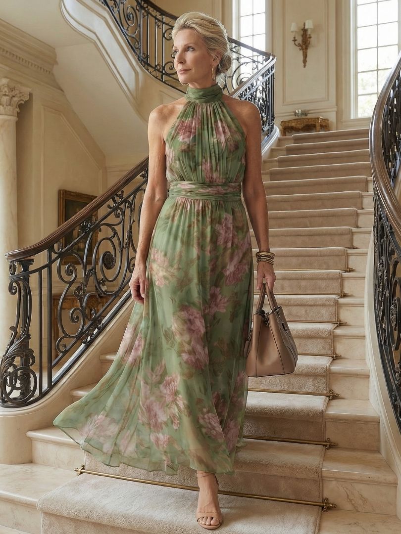 Robe midi verte sage Danoir Paris Mirelle à col halter et taille froncée, vue de face sur mannequin.