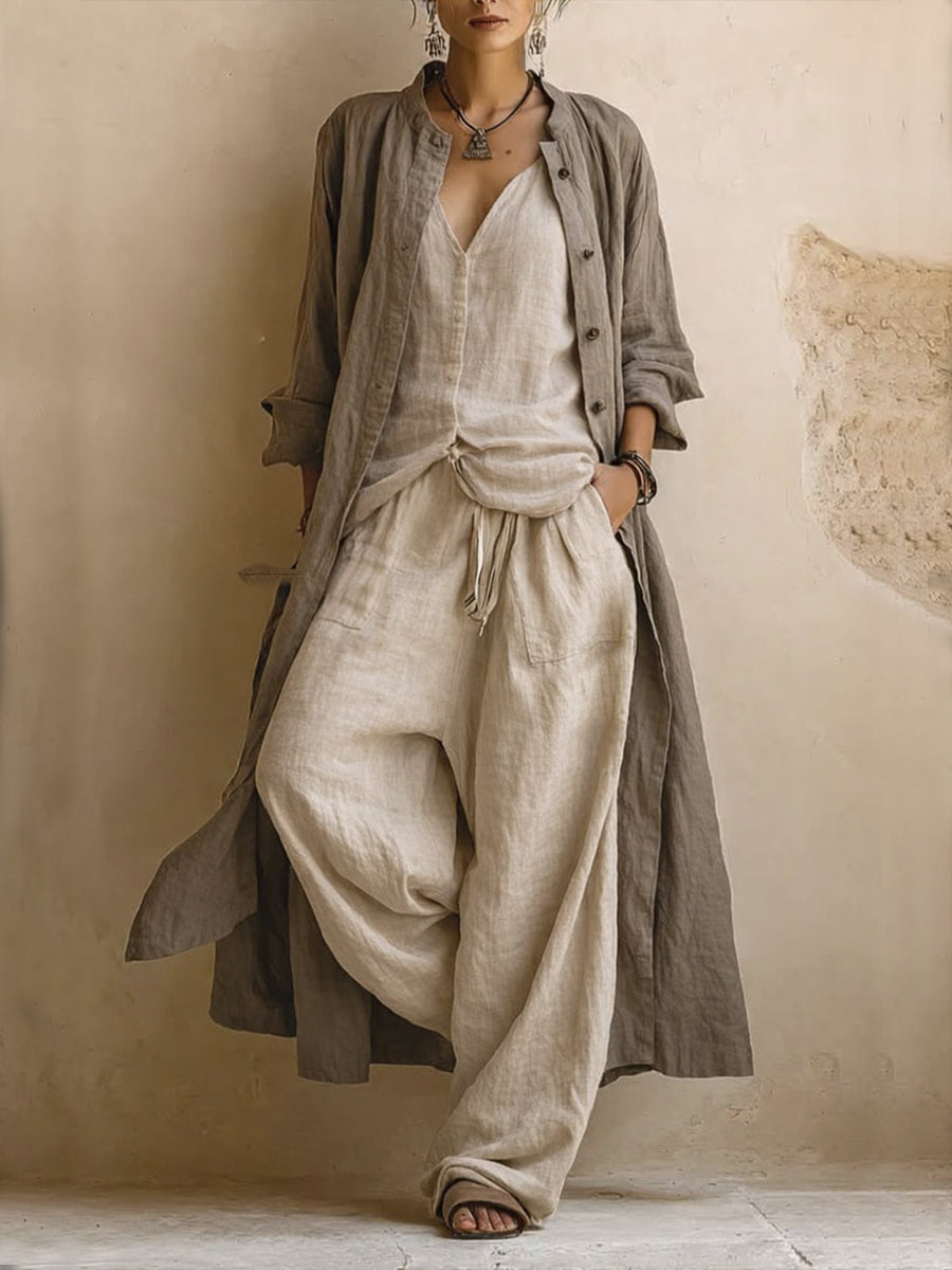 Ensemble coordonné en lin bohème à 3 pièces de Danoir Paris, vêtements légers et élégants pour un style décontracté.