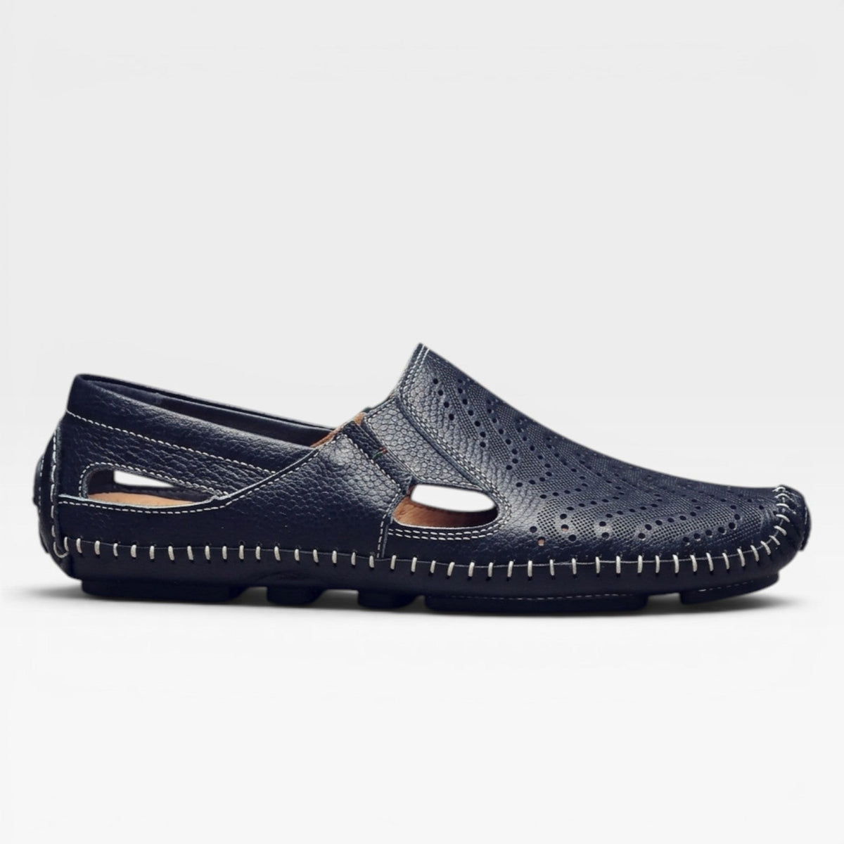 Mules en cuir Danoir Paris pour hommes, style italien, perforées, sandales d'été décontractées à enfiler, couleur marine.