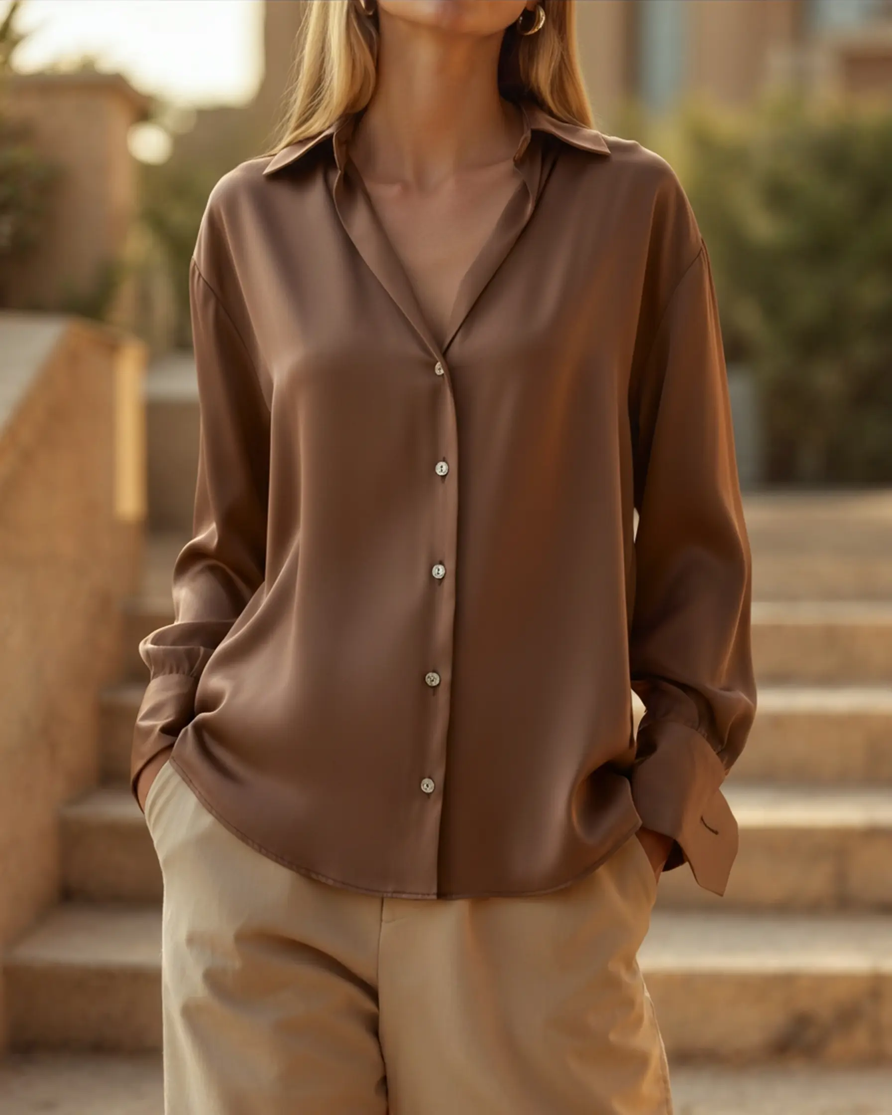 Chemise chic classique Danoir Paris en brun sable, coupe ajustée, tissu léger, vue de face sur fond neutre.