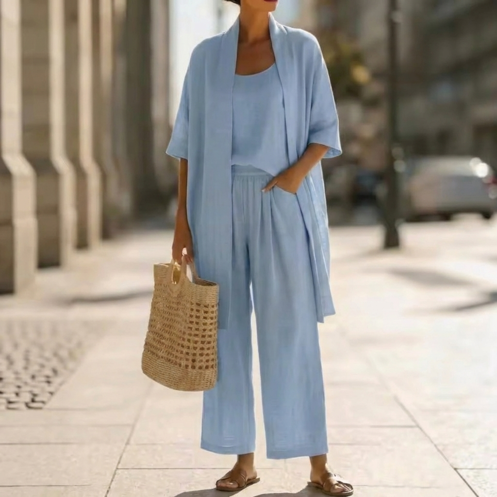 Ensemble trois pièces Danoir Paris Abigail bleu élégant, comprenant un haut, un bas et un peignoir, en tissu doux et sophistiqué.