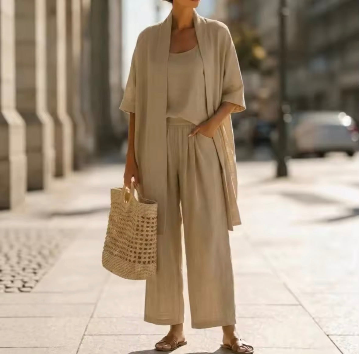 Ensemble trois pièces élégant Abigail de Danoir Paris, comprenant un haut, un pantalon et une veste bleus, vue sur l'ensemble.
