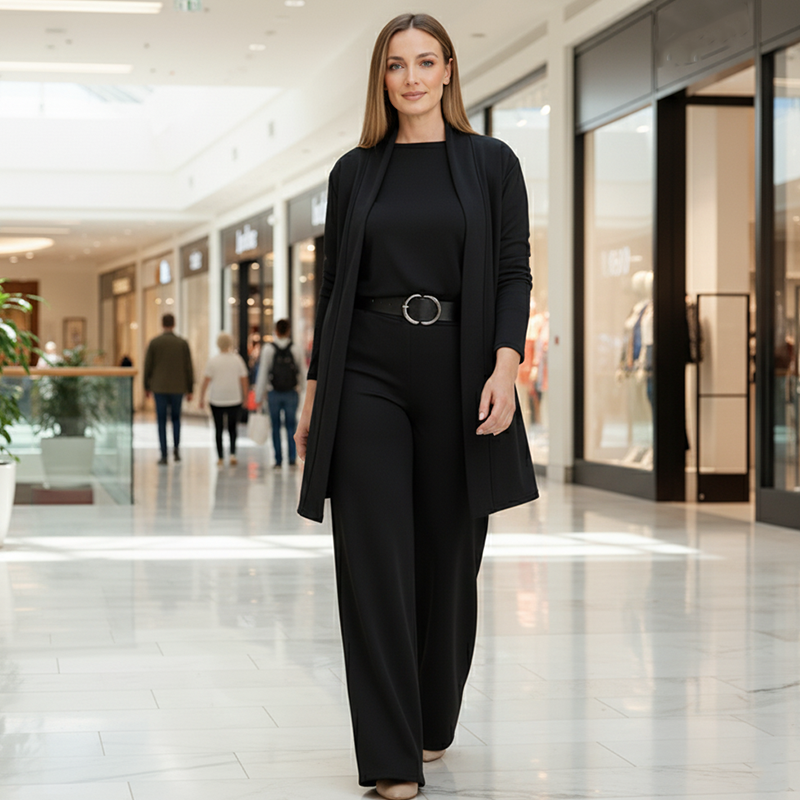 Ensemble intemporel trois pièces Amira de Danoir Paris, vêtements marron avec détails élégants visibles dans l'image.