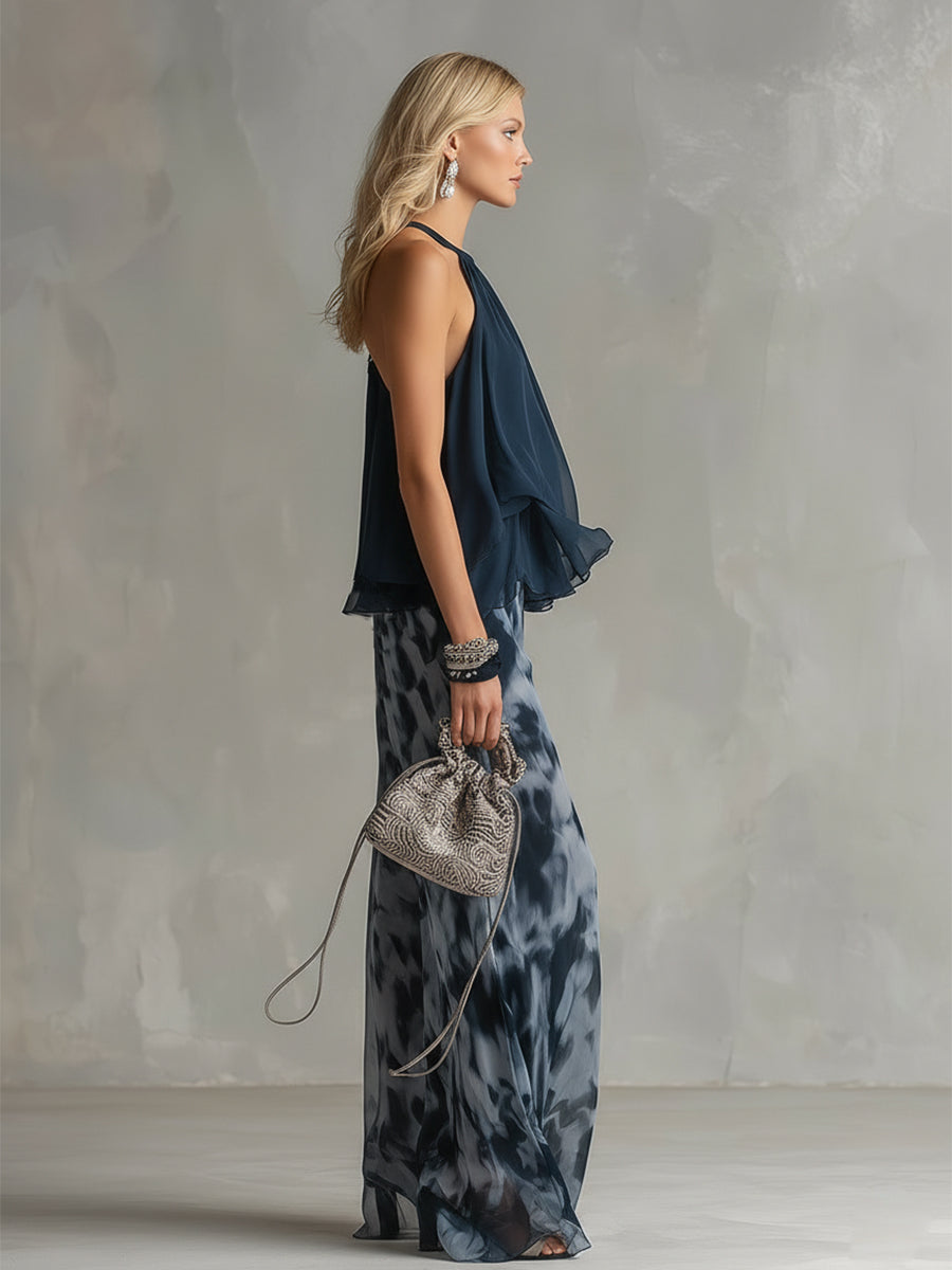 Ensemble Danoir Paris Elise, costume léger et élégant en bleu marine avec top fluide et pantalon large.