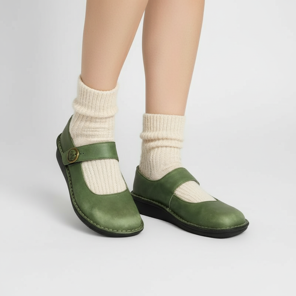 Chaussures Hedwig Mary Jane Skor Danoir Paris vert en cuir pour femme, modèle élégant avec boucle à l'avant.