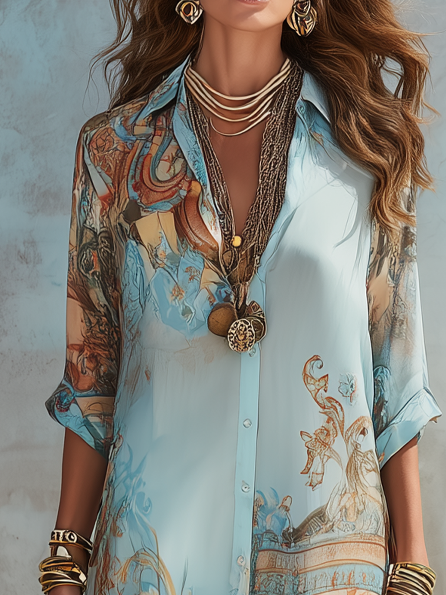 Robe longue d'été à manches courtes Danoir Paris, fluide et élégante, motif baroque bleu, parfaite pour l'été.