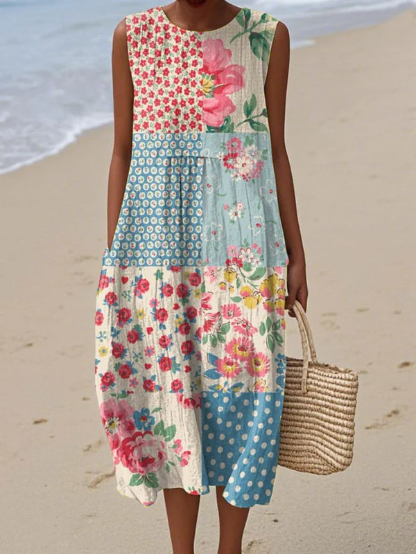 Robe midi sans manches Anna de Danoir Paris avec motif patchwork multicolore, élégante et légère pour l'été.