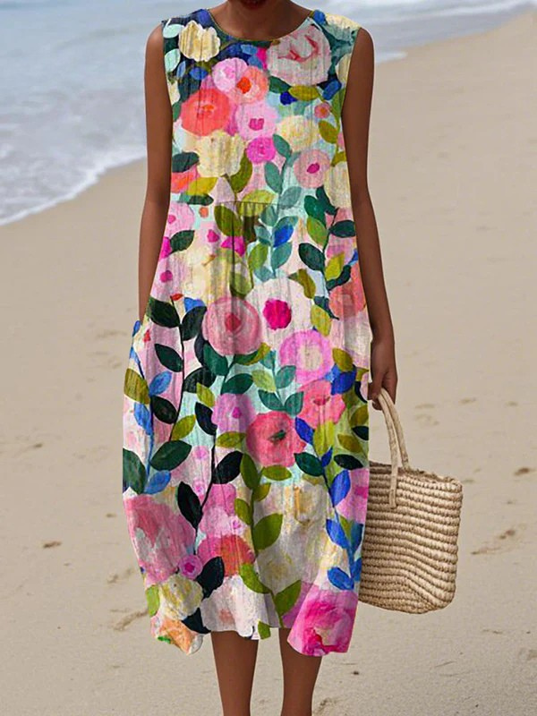 Robe midi sans manches Danoir Paris Ava avec motif fleuri multicolore, élégante et fluide, pour femme.