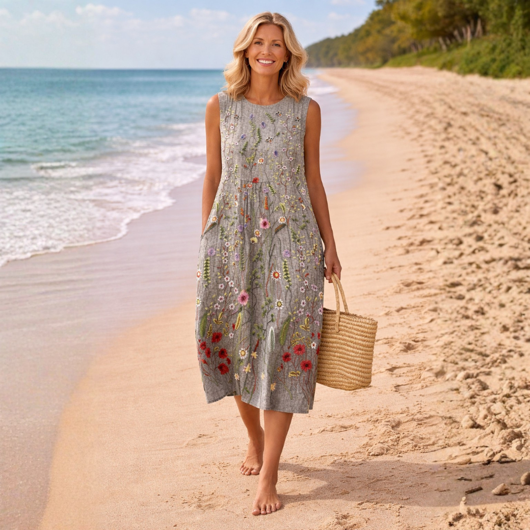 Robe midi sans manches Danoir Paris Cara Wildflower aux motifs floraux multicolores, élégante et légère.