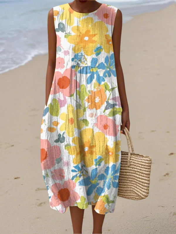 Robe midi sans manches Danoir Paris Ella avec motif floral pastel, élégante robe longue pour femme.