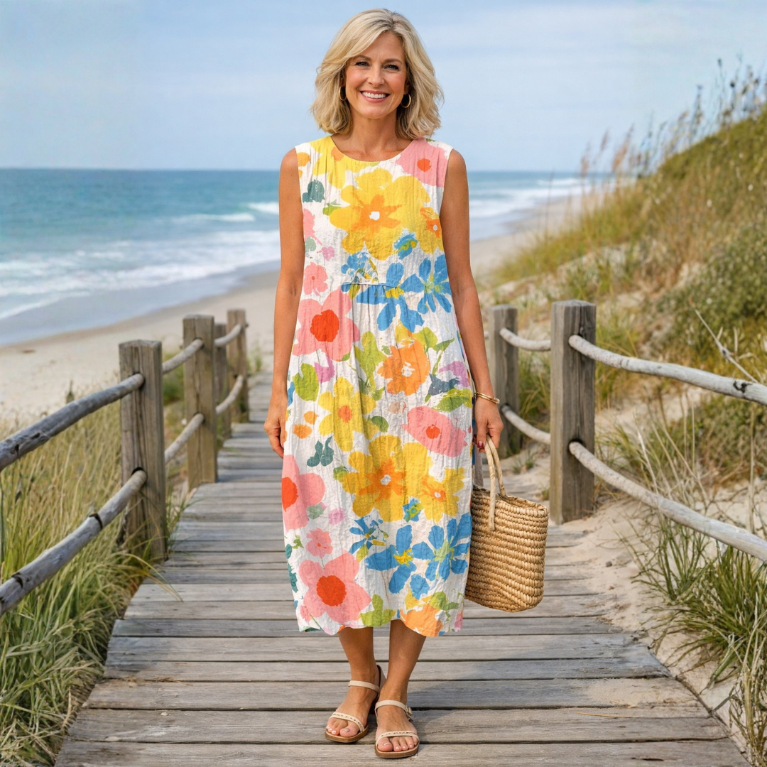 Robe midi sans manches Danoir Paris Ella à motif floral pastel, élégante et légère, parfaite pour l'été et les occasions décontractées.