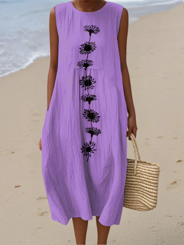 Robe midi sans manches Danoir Paris Emma en violet et motifs floraux, élégante et fluide pour femme.