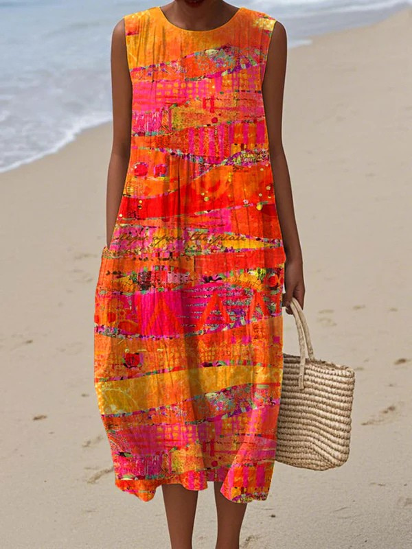 Robe midi sans manches Danoir Paris Faye, motif coucher de soleil multicolore, longue et élégante pour femmes