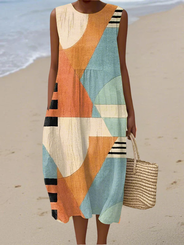 Robe midi sans manches Danoir Paris Iris avec motif géométrique multicolore, élégante et moderne.