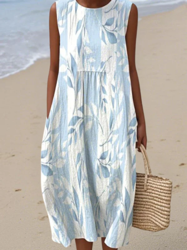 Robe midi sans manches Danoir Paris Joie avec motif feuillé multicolore, élégante et légère, parfaite pour l'été.