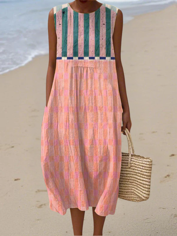 Robe midi sans manches Danoir Paris Lily, rayée pastel multicolore, vêtement élégant pour femme.