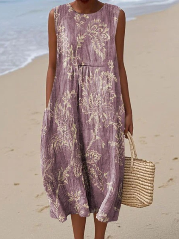 Robe midi sans manches Danoir Paris Mia, fleurie, multicolore, élégante robe d'été pour femme.